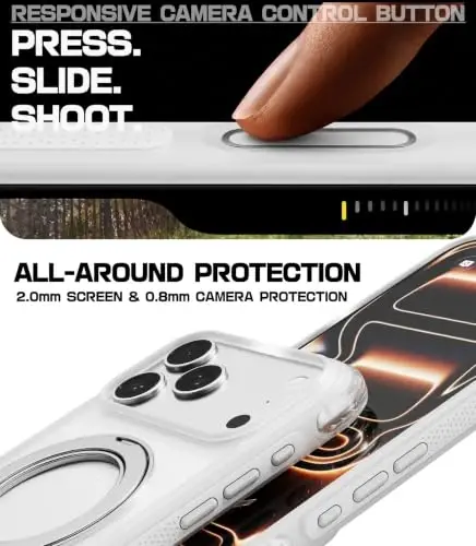 Mobnano for iPhone 17/18 Pro Max Case with 360° Rotating Ring Stand | Classic Aesthetics, Fast wireless charger stand, Compatible with MagSafe iPhone 17/18 Pro Max phone cover case – White - 6