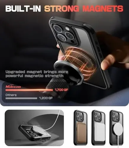 Mobnano iPhone 15 Pro Max uchun g‘ilof, stendli, MagSafe bilan mos, tiniq orqa, harbiy darajadagi himoya, magnit halqali ushlagichli himoya bamperlari, sarg‘aymaydigan tayanchli g‘ilof - Qora - 3