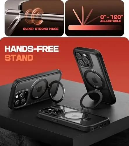 Mobnano iPhone 15 Pro Max uchun g‘ilof, stendli, MagSafe bilan mos, tiniq orqa, harbiy darajadagi himoya, magnit halqali ushlagichli himoya bamperlari, sarg‘aymaydigan tayanchli g‘ilof - Qora - MOBNANO (1)