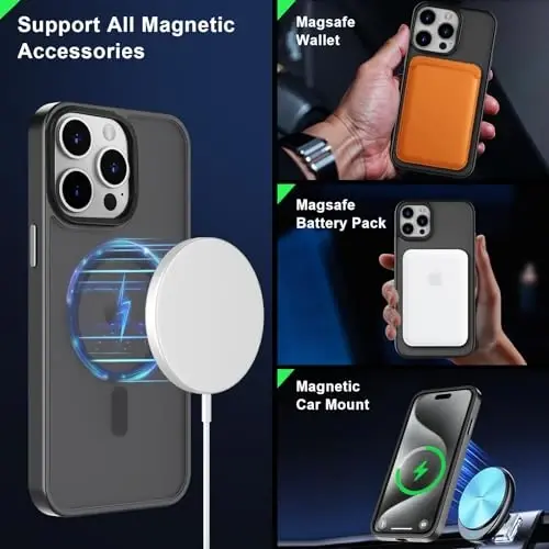 MOCCA Güçlü Mıknatıslı iPhone 15 Pro Max Kılıfı, [Magsafe ile Uyumlu][13FT Askeri Düşme Koruması] iPhone 15 ProMax Kılıf 6.7'' için İnce Yarı Saydam Mat Darbeye Dayanıklı Kılıf, Titanyum Siyah - 2