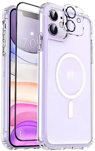 MOCCA Strong Magnetic for iPhone 11 Case,[Compatible with Magsafe][Anti Yellowing][Glass Screen Protector+Camera Lens Protector]Slim Thin Shockproof Protective Cover Case for iPhone 11 6.1 inch,Clear 