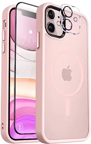 MOCCA Strong Magnetic for iPhone 11 Case,[Compatible with Magsafe][Glass Screen Protector+Camera Lens Protector] Slim Thin Shockproof Cover Case for iPhone 11 6.1 inch, Pink 