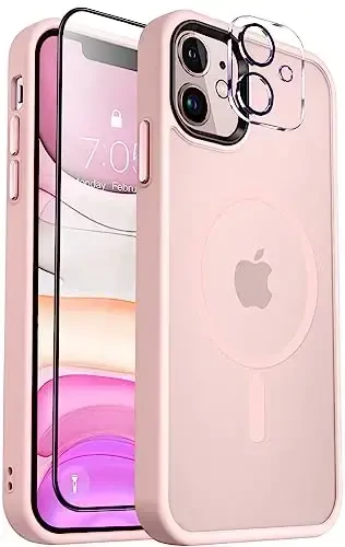 MOCCA Strong Magnetic for iPhone 11 Case,[Compatible with Magsafe][Glass Screen Protector+Camera Lens Protector] Slim Thin Shockproof Cover Case for iPhone 11 6.1 inch, Pink - 1