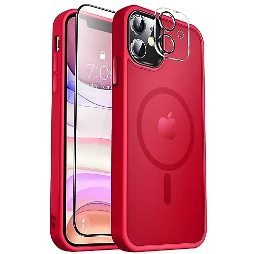 MOCCA iPhone 11 uchun kuchli magnitli gʻilof, [Magsafe bilan mos] [Shisha ekran himoyachisi+Kamera linzalari himoyachisi] iPhone 11 6.1 dyuym uchun ingichka zarbga chidamli gʻilof, Qizil 