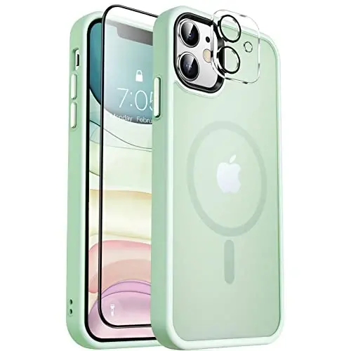 MOCCA iPhone 11 uchun kuchli magnitli telefon g'ilofi, [Magsafe bilan mos keladi][Shisha ekran himoyachisi+Kamera linzalari himoyachisi] iPhone 11 6.1 dyuym uchun ingichka zarbga chidamli g'ilof, och yashil 