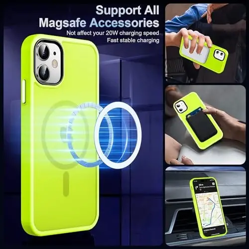 MOCCA iPhone 12/iPhone 12 Pro uchun kuchli magnitli g'ilof, [Magsafe bilan mos], [Harbiy darajadagi tushishdan himoya] iPhone 12/12 Pro uchun nozik zarbga chidamli yarim shaffof himoya telefon g'ilofi, lyuminestsent yashil - MOCCA (1)