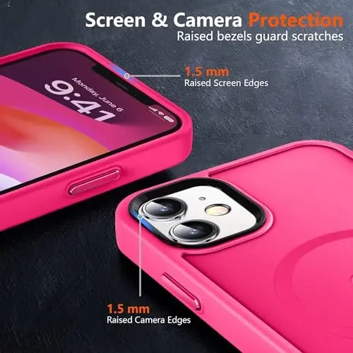 MOCCA iPhone 12/iPhone 12 Pro uchun kuchli magnitli g'ilof,[Magsafe bilan mos keladi][Harbiy darajadagi tushishdan himoya] Yupqa zarbga chidamli yarim shaffof himoya g'ilofi iPhone 12/12 Pro uchun,Hot Pink - 5