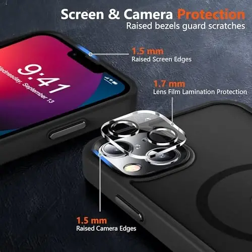 MOCCA iPhone 13 için Güçlü Manyetik Kılıf, [Magsafe Uyumlu][Ekran Koruyucu+Kamera Lensi Koruyucu] Yarı Saydam Mat Arka İnce Darbeye Dayanıklı iPhone 13 Telefon Kılıfı 6.1