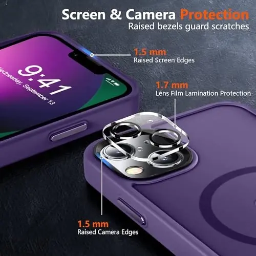 MOCCA iPhone 13 Kılıfı için Güçlü Manyetik, [Magsafe ile Uyumlu][Ekran Koruyucu+Kamera Lensi Koruyucu] Yarı Saydam Mat Arka İnce Darbeye Dayanıklı iPhone 13 Telefon Kılıfı 6.1