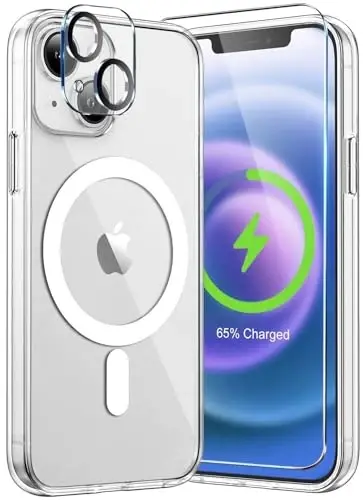 MOCCA iPhone 13 Kılıfı için Güçlü Manyetik Şeffaf, [Sararmaya Karşı][Magsafe ile Uyumlu][Ekran Koruyucu+Kamera Lens Koruyucu] İnce Darbeye Dayanıklı Koruyucu iPhone 13 Telefon Kılıfı 6.1