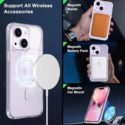 MOCCA iPhone 13 Kılıfı için Güçlü Manyetik Şeffaf, [Sararmaya Karşı][Magsafe ile Uyumlu][Ekran Koruyucu+Kamera Lens Koruyucu] İnce Darbeye Dayanıklı Koruyucu iPhone 13 Telefon Kılıfı 6.1