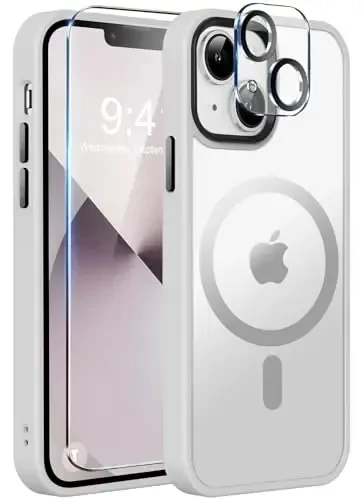 MOCCA Strong Magnetic for iPhone 13 Case, [Compatible with Magsafe][Screen Protector+Camera Lens Protector] Translucent Matte Back Slim Shockproof Case for iPhone 13 Phone Case 6.1