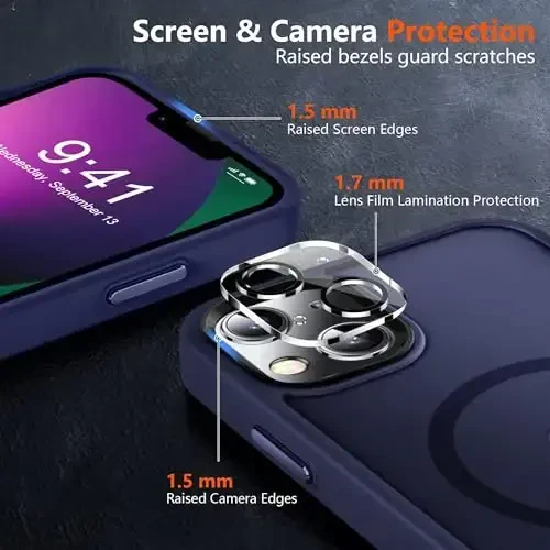 MOCCA iPhone 13 uchun kuchli magnitli g‘ilof, [Magsafe bilan mos][Ekran himoyachisi+Kamera linzalari himoyachisi] Yarim shaffof mat orqa nozik zarbga chidamli iPhone 13 telefon g‘ilofi 6.1