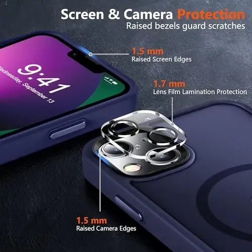 MOCCA iPhone 13 uchun kuchli magnitli g‘ilof, [Magsafe bilan mos][Ekran himoyachisi+Kamera linzalari himoyachisi] Yarim shaffof mat orqa nozik zarbga chidamli iPhone 13 telefon g‘ilofi 6.1