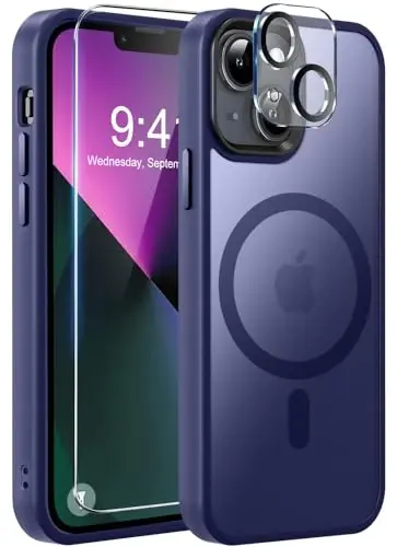 MOCCA iPhone 13 uchun kuchli magnitli g‘ilof, [Magsafe bilan mos][Ekran himoyachisi+Kamera linzalari himoyachisi] Yarim shaffof mat orqa nozik zarbga chidamli iPhone 13 telefon g‘ilofi 6.1