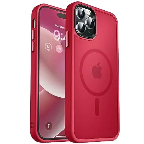 MOCCA iPhone 14 Pro Max Kılıfı için Güçlü Manyetik [Magsafe ile Uyumlu] [10FT Askeri Sınıf Koruma] iPhone 14 Pro Max 6,7 inç için Yarı Saydam Mat İnce Darbeye Dayanıklı Kılıf - Kırmızı 