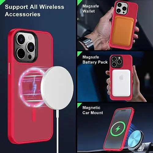 MOCCA iPhone 14 Pro Max Kılıfı için Güçlü Manyetik [Magsafe ile Uyumlu] [10FT Askeri Sınıf Koruma] iPhone 14 Pro Max 6,7 inç için Yarı Saydam Mat İnce Darbeye Dayanıklı Kılıf - Kırmızı - 2