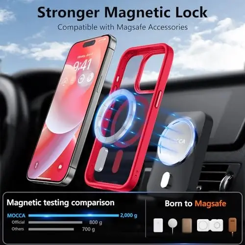 MOCCA iPhone 14 Pro uchun kuchli magnitli gʻilof, [Magsafe bilan mos][13FT harbiy tomchidan himoya] Yassi shaffof matli zarbga chidamli gʻilof iPhone 14 Pro telefon gʻilofi 6.1'', Qizil - 2