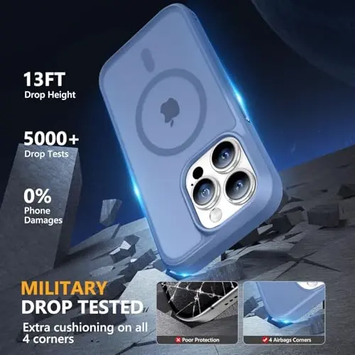 MOCCA iPhone 15 Pro için Güçlü Manyetik Kılıf, [Magsafe ile Uyumlu][13FT Askeri Düşme Koruması] iPhone 15 Pro Telefon Kılıfı 6.1'', Mavi için İnce Yarı Saydam Mat Darbeye Dayanıklı Kılıf - 4