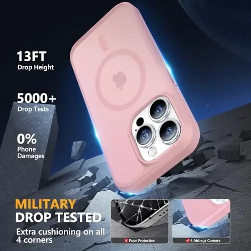 MOCCA iPhone 15 Pro için Güçlü Manyetik Kılıf, [Magsafe ile Uyumlu][13FT Askeri Düşme Koruması] iPhone 15 Pro Telefon Kılıfı 6.1'', Pembe için İnce Yarı Saydam Mat Darbeye Dayanıklı Kılıf - 4