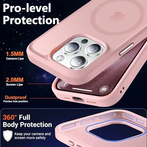 MOCCA iPhone 15 Pro için Güçlü Manyetik Kılıf, [Magsafe ile Uyumlu][13FT Askeri Düşme Koruması] iPhone 15 Pro Telefon Kılıfı 6.1'', Pembe için İnce Yarı Saydam Mat Darbeye Dayanıklı Kılıf - 5