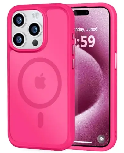 MOCCA Strong Magnetic for iPhone 15 Pro Case, [Compatible with Magsafe][13FT Military Drop Protection] Slim Translucent Matte Shockproof Case for iPhone 15 Pro Phone Case 6.1'', Hot Pink - MOCCA
