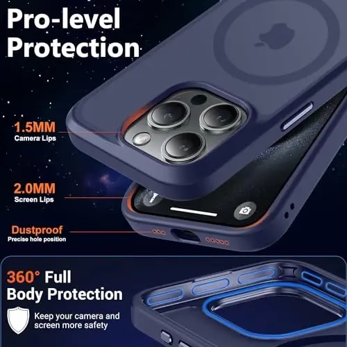MOCCA Strong Magnetic for iPhone 15 Pro Case, [Compatible with Magsafe][13FT Military Drop Protection] Slim Translucent Matte Shockproof Case for iPhone 15 Pro Phone Case 6.1'', Deep Blue - 5