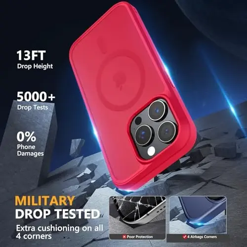 MOCCA Strong Magnetic for iPhone 15 Pro Case, [Compatible with Magsafe][13FT Military Drop Protection] Slim Translucent Matte Shockproof Case for iPhone 15 Pro Phone Case 6.1'', Red - 4