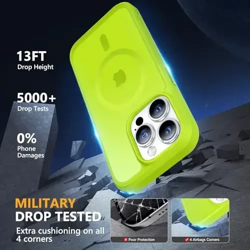MOCCA Strong Magnetic for iPhone 15 Pro Case, [Compatible with Magsafe][13FT Military Drop Protection] Slim Translucent Matte Shockproof Case for iPhone 15 Pro Phone Case 6.1'', Fluorescent Green - 4