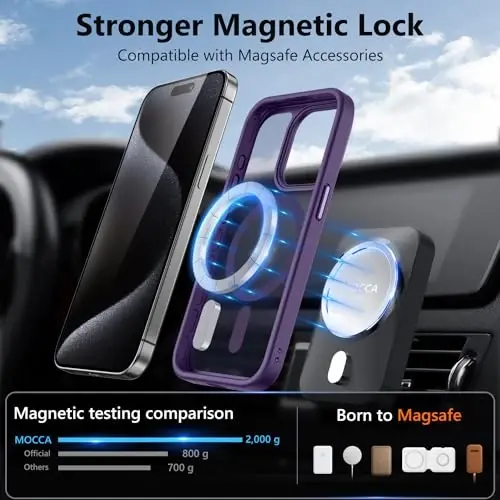 MOCCA Strong Magnetic for iPhone 15 Pro Case, [Compatible with Magsafe][13FT Military Drop Protection] Slim Translucent Matte Shockproof Case for iPhone 15 Pro Phone Case 6.1'', Deep Purple - 2