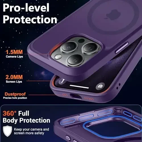MOCCA Strong Magnetic for iPhone 15 Pro Case, [Compatible with Magsafe][13FT Military Drop Protection] Slim Translucent Matte Shockproof Case for iPhone 15 Pro Phone Case 6.1'', Deep Purple - 5