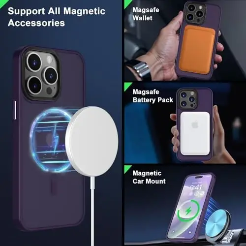 MOCCA iPhone 15 Pro Max Kılıf için Güçlü Mıknatıslı, [Magsafe ile Uyumlu][13FT Askeri Düşme Koruması] iPhone 15 ProMax Kılıf 6.7'' için İnce Yarı Saydam Mat Darbeye Dayanıklı Kılıf - Koyu Mor - 2