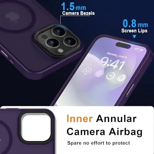 MOCCA iPhone 15 Pro Max Kılıf için Güçlü Mıknatıslı, [Magsafe ile Uyumlu][13FT Askeri Düşme Koruması] iPhone 15 ProMax Kılıf 6.7'' için İnce Yarı Saydam Mat Darbeye Dayanıklı Kılıf - Koyu Mor - 5