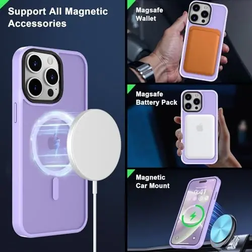 MOCCA iPhone 15 Pro Max Kılıfı için Güçlü Manyetik, [Magsafe ile Uyumlu][13FT Askeri Düşme Koruması] iPhone 15 ProMax Kılıf 6.7'' için İnce Yarı Saydam Mat Darbeye Dayanıklı Kılıf - Açık Mor - 2