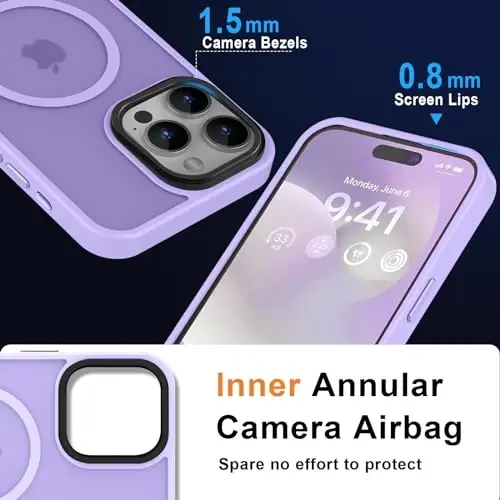 MOCCA iPhone 15 Pro Max Kılıfı için Güçlü Manyetik, [Magsafe ile Uyumlu][13FT Askeri Düşme Koruması] iPhone 15 ProMax Kılıf 6.7'' için İnce Yarı Saydam Mat Darbeye Dayanıklı Kılıf - Açık Mor - 5