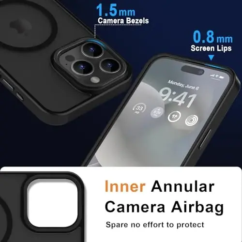 MOCCA iPhone 15 Pro Max uchun kuchli magnitli g'ilof, [Magsafe bilan mos] [13FT harbiy tomchidan himoya] Yupqa shaffof matli zarbga chidamli g'ilof iPhone 15 ProMax Case 6.7'', Qora - 5