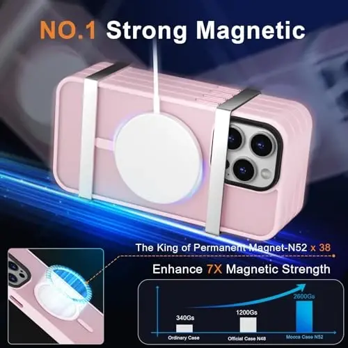 MOCCA iPhone 15 Pro Max uchun kuchli magnitli g'ilof, [Magsafe bilan mos][13FT harbiy darajadagi tushishdan himoya] iPhone 15 ProMax 6.7'' uchun yupqa, yarim shaffof, matli zarbaga chidamli g'ilof - Pushti - 3