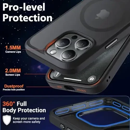 MOCCA iPhone 15 Pro uchun kuchli magnitli g'ilof, [Magsafe bilan mos][13FT harbiy tomchidan himoya] iPhone 15 Pro telefon g'ilofi uchun ingichka yarim shaffof mat zarbga chidamli g'ilof 6.1'', Qora - 5