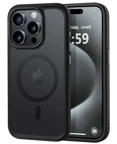 MOCCA iPhone 15 Pro uchun kuchli magnitli g'ilof, [Magsafe bilan mos][13FT harbiy tomchidan himoya] iPhone 15 Pro telefon g'ilofi uchun ingichka yarim shaffof mat zarbga chidamli g'ilof 6.1'', Qora - MOCCA