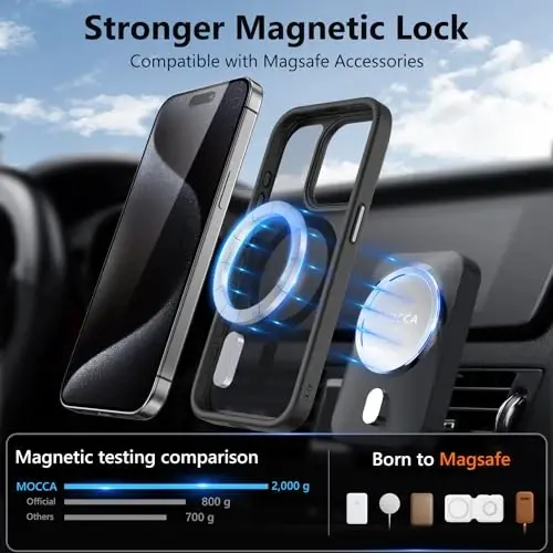 MOCCA iPhone 15 Pro uchun kuchli magnitli g'ilof, [Magsafe bilan mos][13FT harbiy tomchidan himoya] iPhone 15 Pro telefon g'ilofi uchun ingichka yarim shaffof mat zarbga chidamli g'ilof 6.1'', Qora - 2