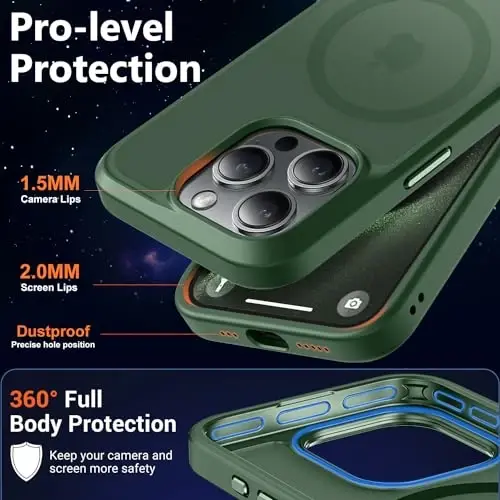 MOCCA iPhone 15 Pro uchun kuchli magnitli g‘ilof, [Magsafe bilan mos][13FT harbiy tomchidan himoya] iPhone 15 Pro telefon g‘ilofi uchun yupqa shaffof mat zarbga chidamli g‘ilof 6.1'', Midnight Green - 5