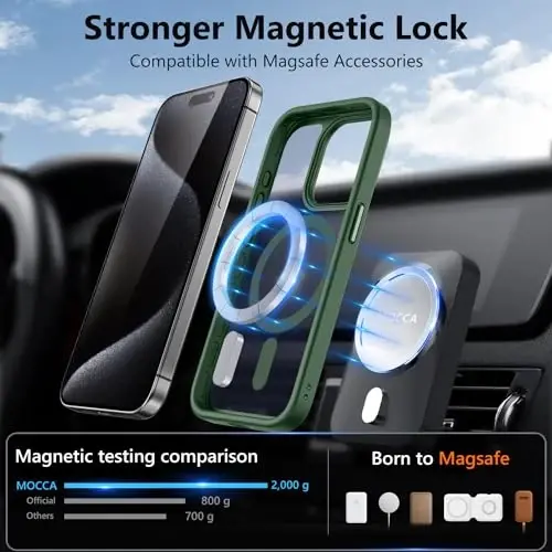 MOCCA iPhone 15 Pro uchun kuchli magnitli g‘ilof, [Magsafe bilan mos][13FT harbiy tomchidan himoya] iPhone 15 Pro telefon g‘ilofi uchun yupqa shaffof mat zarbga chidamli g‘ilof 6.1'', Midnight Green - 2