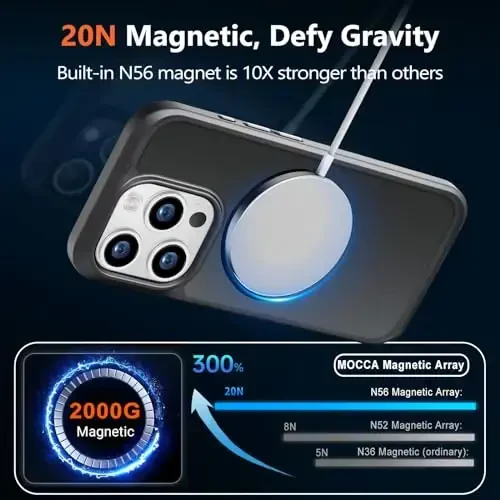 MOCCA iPhone 15 Pro uchun kuchli magnitli g'ilof, [Magsafe bilan mos][13FT harbiy tomchidan himoya] Yupqa yarim shaffof mat zarbga chidamli g'ilof iPhone 15 Pro telefon g'ilofi 6.1'', Titan qora - 3