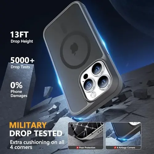 MOCCA iPhone 15 Pro uchun kuchli magnitli g'ilof, [Magsafe bilan mos][13FT harbiy tomchidan himoya] Yupqa yarim shaffof mat zarbga chidamli g'ilof iPhone 15 Pro telefon g'ilofi 6.1'', Titan qora - 4