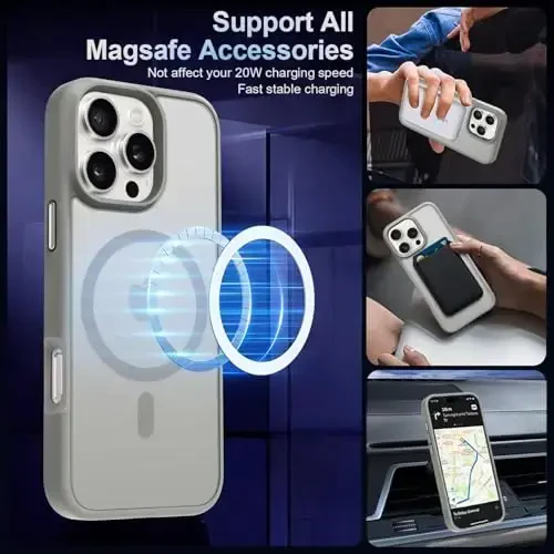 MOCCA iPhone 16 Pro Max uchun kuchli magnitli telefon g‘ilofi, [Magsafe bilan mos][16FT harbiy standartdagi zarbadan himoya] iPhone 16 Pro Max uchun ingichka yarim shaffof mato himoya g‘ilofi, titanium kulrang - MOCCA (1)