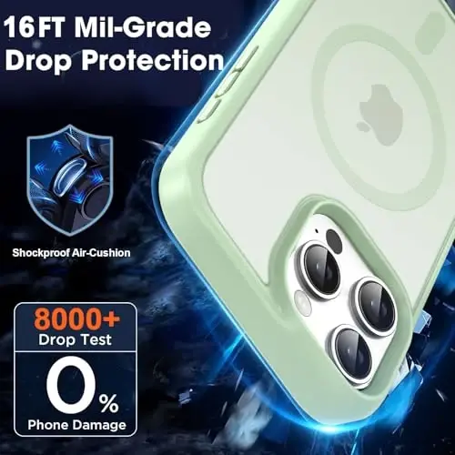 MOCCA iPhone 16 Pro uchun kuchli magnitli telefon g‘ilofi, [Magsafe bilan mos][16FT harbiy darajadagi tushishdan himoya] Yupqa yarim shaffof mat qoplovchi g‘ilof, iPhone 16 Pro g‘ilofi uchun, och yashil - 4