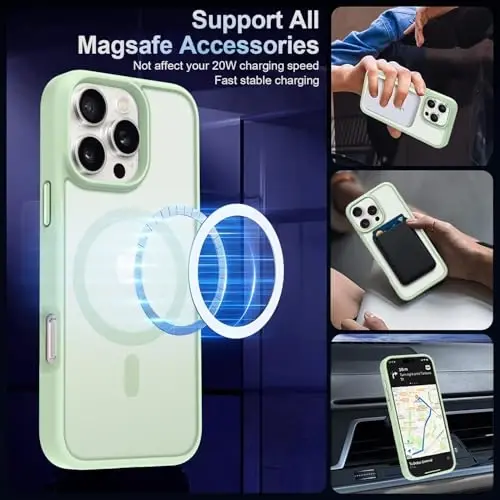 MOCCA iPhone 16 Pro uchun kuchli magnitli telefon g‘ilofi, [Magsafe bilan mos][16FT harbiy darajadagi tushishdan himoya] Yupqa yarim shaffof mat qoplovchi g‘ilof, iPhone 16 Pro g‘ilofi uchun, och yashil - MOCCA (1)