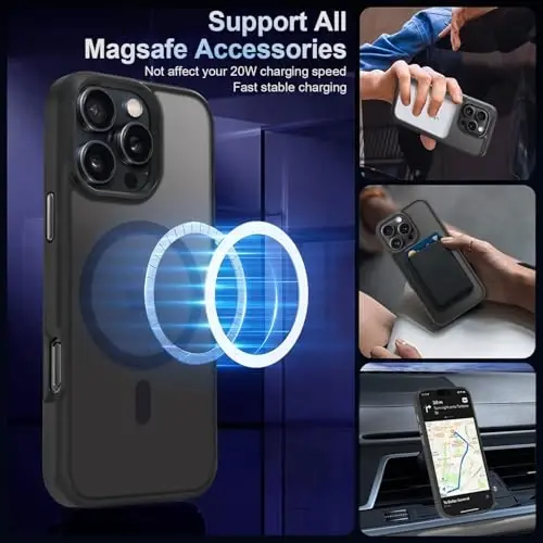 MOCCA iPhone 16 Pro uchun kuchli magnitli telefon gʻilofi, [Magsafe bilan mos][16FT harbiy darajadagi zarbadan himoya] Yupqa yarim shaffof matli himoya gʻilofi, iPhone 16 Pro uchun gʻilof, qora - 2