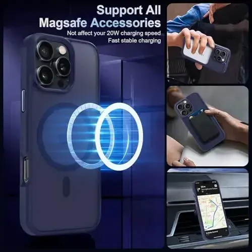 MOCCA iPhone 16 Pro uchun kuchli magnitli telefon qutisi, [Magsafe bilan mos][16FT harbiy darajadagi tushishdan himoya] Yupqa yarim shaffof mat qoplamali himoya qutisi, iPhone 16 Pro uchun quti, to'q ko'k - 2