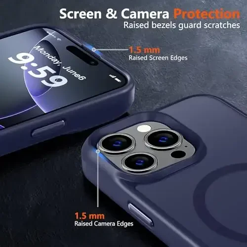 MOCCA iPhone 16 Pro uchun kuchli magnitli telefon qutisi, [Magsafe bilan mos][16FT harbiy darajadagi tushishdan himoya] Yupqa yarim shaffof mat qoplamali himoya qutisi, iPhone 16 Pro uchun quti, to'q ko'k - 5